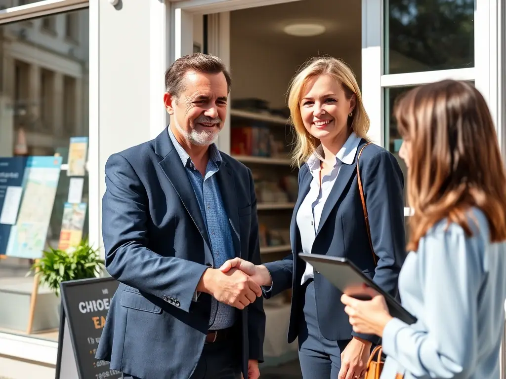 A local business owner is shaking hands with an SEO consultant in front of their storefront, with a map and local search results displayed in the background, emphasizing the importance of local SEO.
