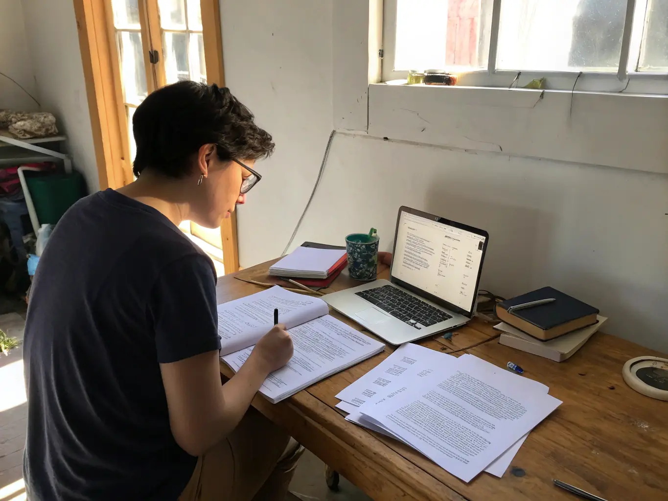 A content creator is brainstorming ideas and writing engaging blog posts on a laptop, surrounded by research materials and a cup of coffee, in a bright and creative workspace, highlighting the importance of quality content.