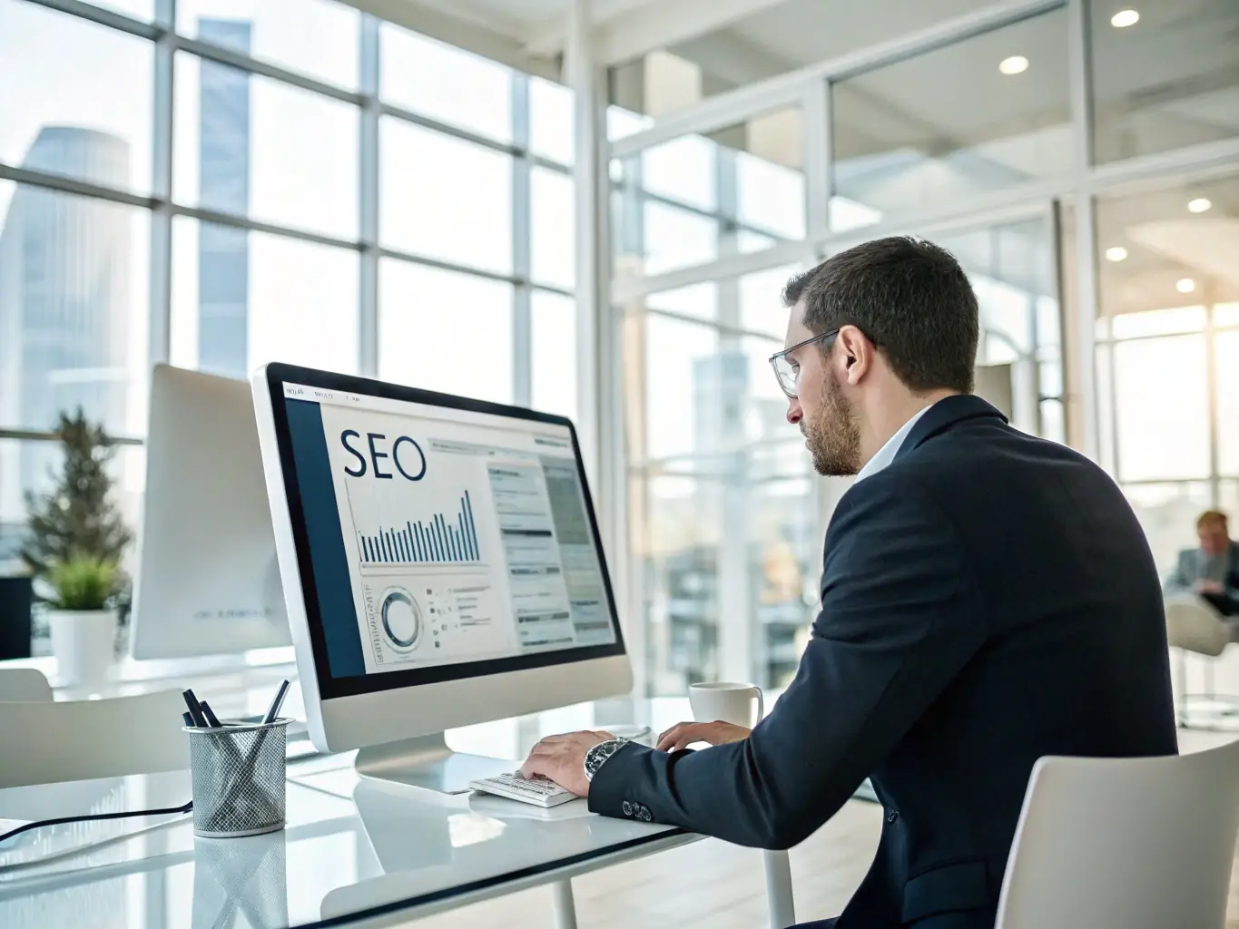 A focused SEO specialist is analyzing website analytics on a laptop, with charts and data visualizations displayed on the screen, in a modern office setting, emphasizing data-driven decision-making for SEO.