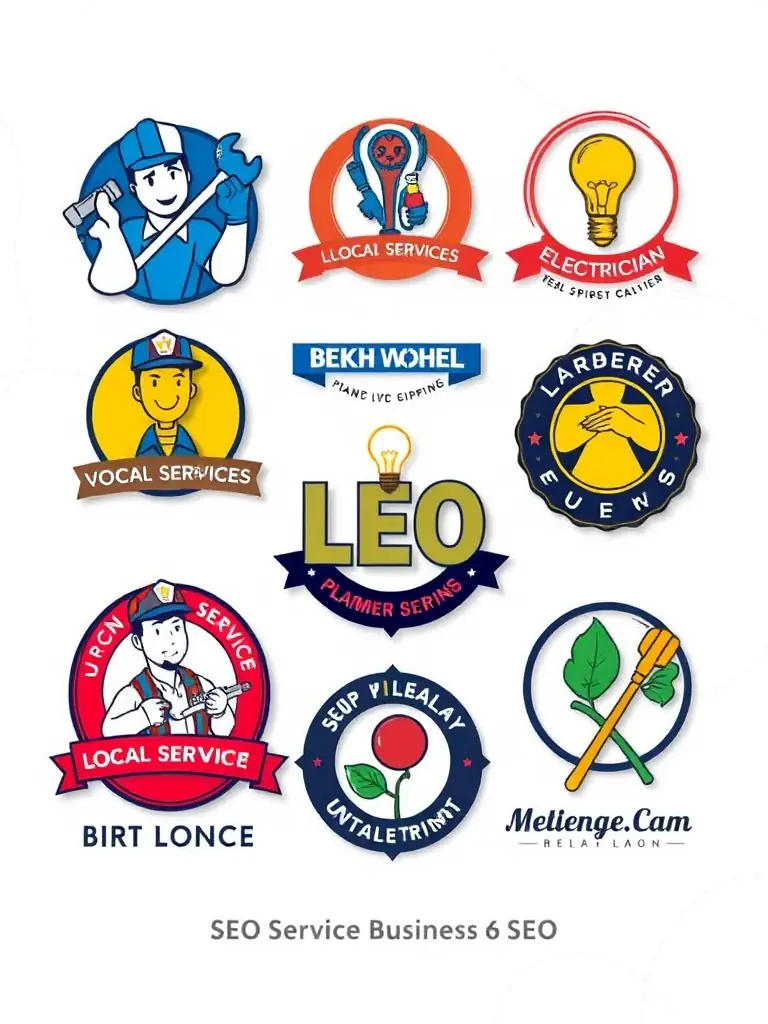 A collage of various local service business logos (e.g., plumber, electrician, gardener) benefiting from SEO competitor keyword research.
