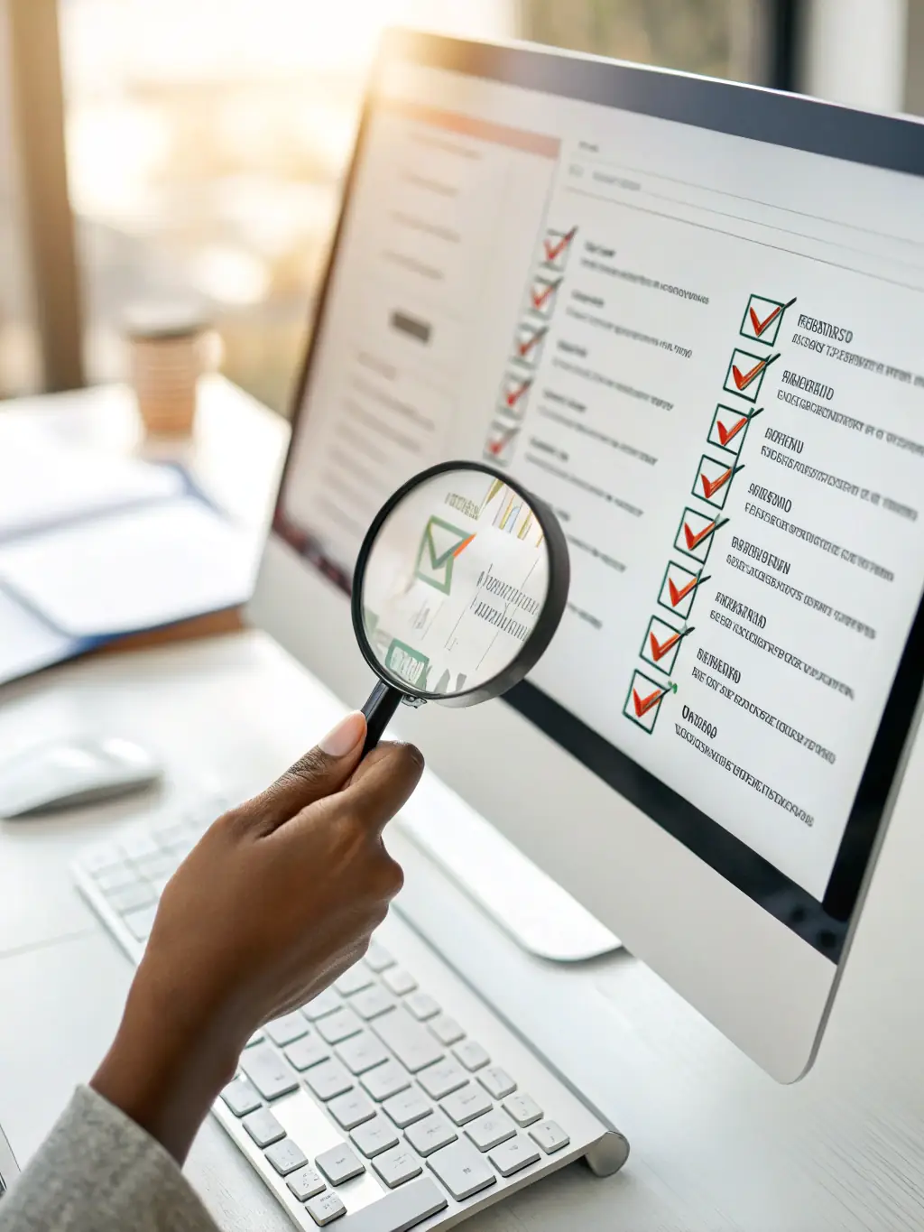 A close-up shot of a magnifying glass over a list of keywords, highlighting the concept of uncovering hidden opportunities in SEO for a local service business.