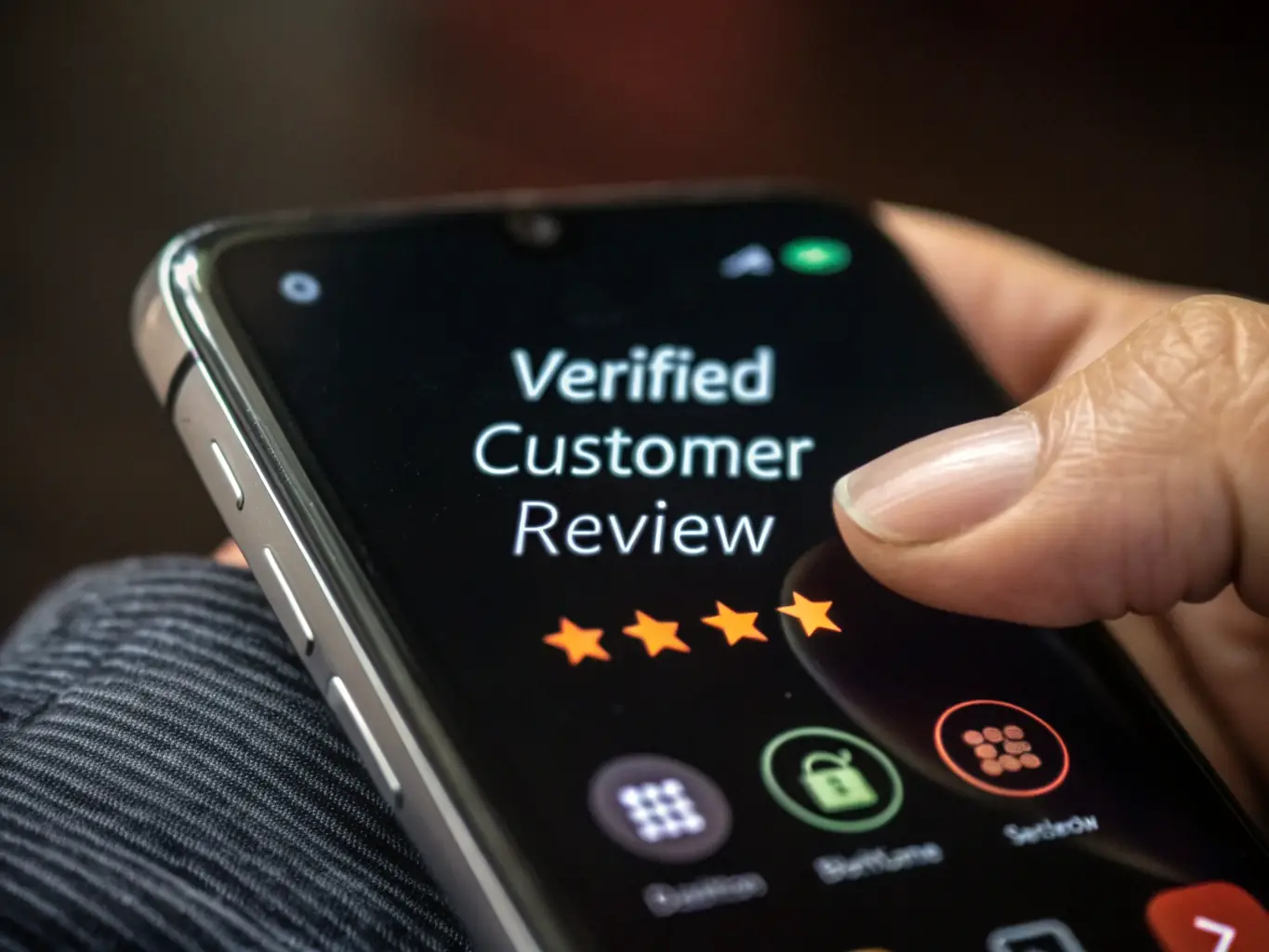 An image depicting a person reading online reviews on a mobile phone, with a focus on positive star ratings and customer testimonials.