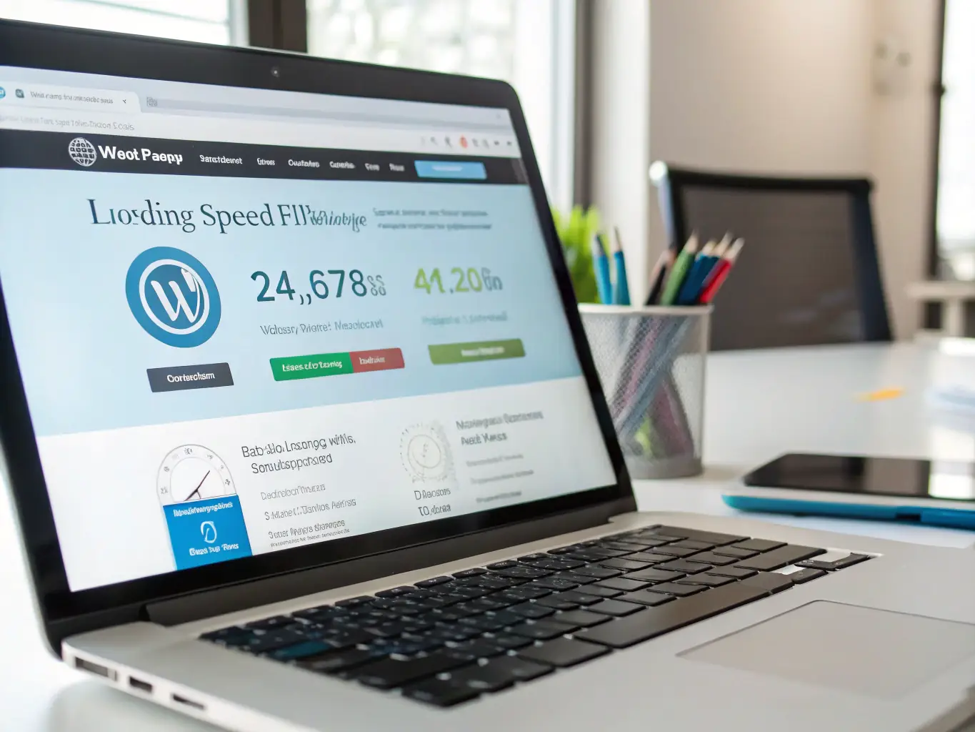 A close-up shot of a website loading speed test result, highlighting optimized loading times, with a magnifying glass focusing on the numbers.