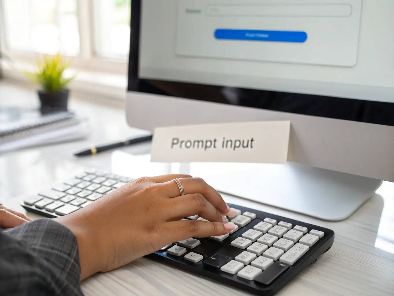 A close-up shot of a person's hands typing on a laptop, with a focus on the data analysis software on the screen. The scene is well-lit and professional, emphasizing the analytical aspect of keyword research.