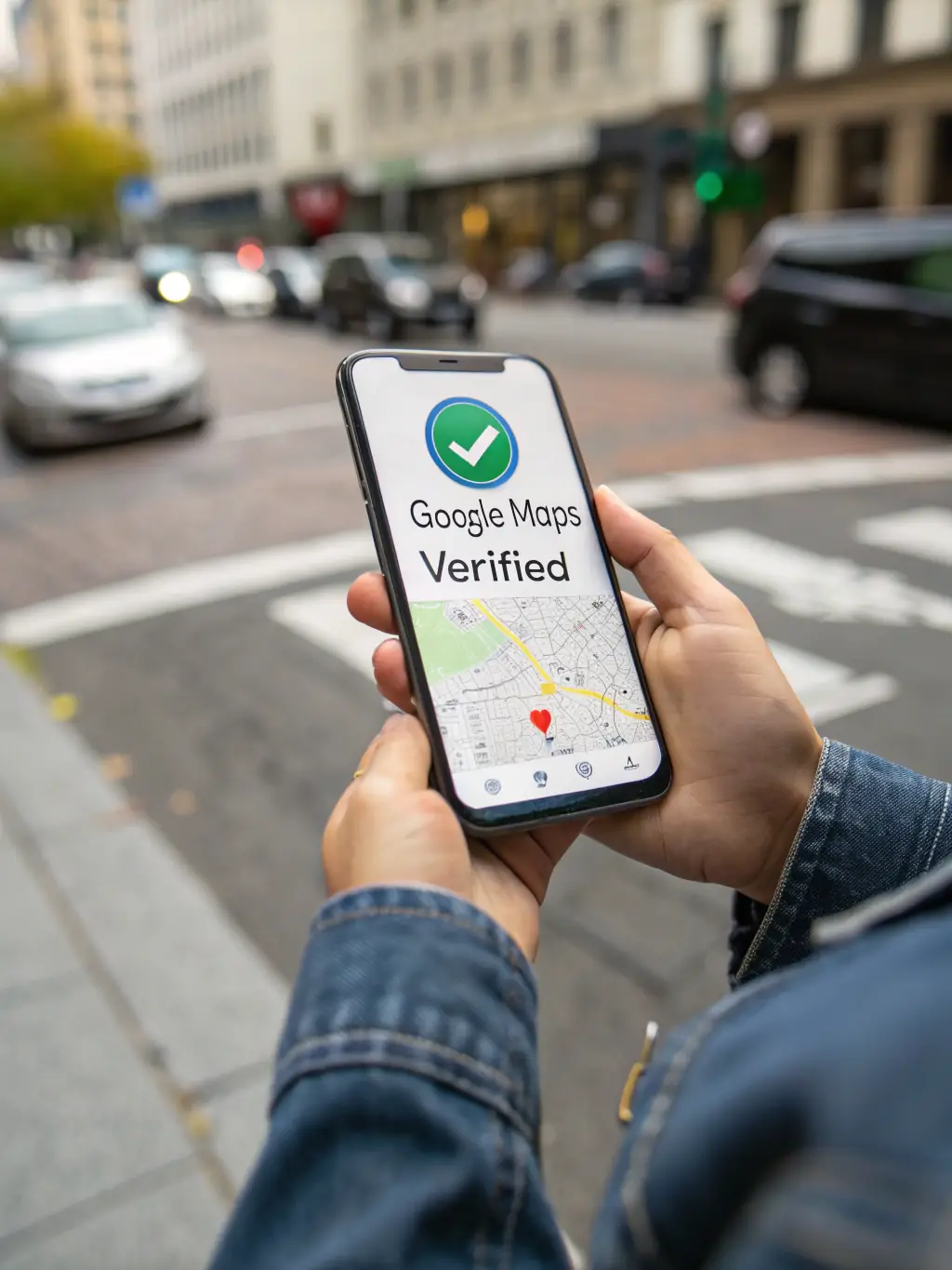 A close-up shot of a smartphone displaying a Google Maps search result with a local business prominently featured at the top, showcasing increased visibility.