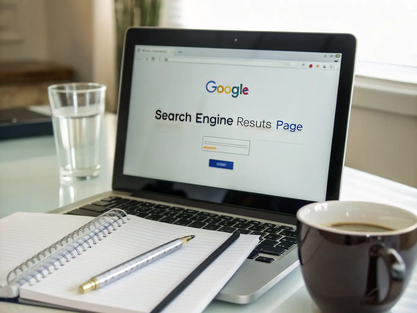 An image showcasing a website ranking high in search engine results on a desktop computer, with a magnifying glass hovering over the top result, symbolizing improved search engine rankings.