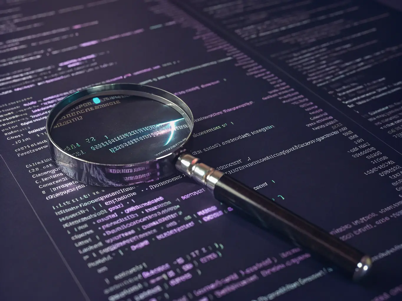 A digital illustration depicting a magnifying glass hovering over a website's code, highlighting keywords and SEO elements, symbolizing in-depth keyword research.