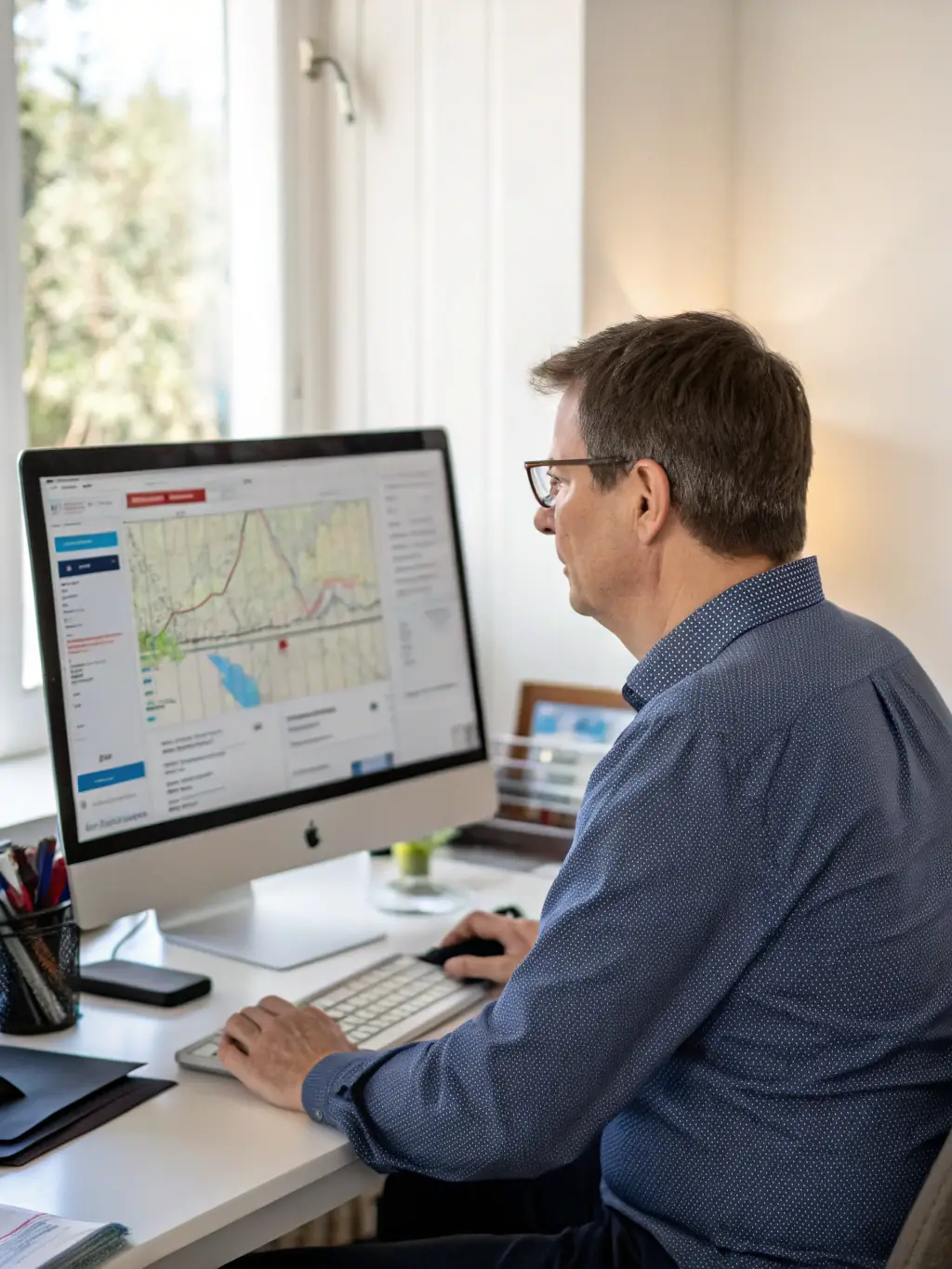 A professional SEO specialist is carefully reviewing a website's content and backlink profile on a large monitor in a well-lit office, ensuring compliance with ethical SEO practices.