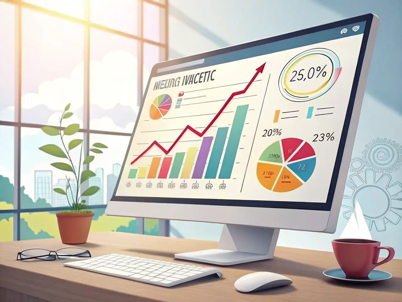 A digital illustration showing a website dashboard with charts and graphs representing SEO performance metrics, symbolizing comprehensive site audits.