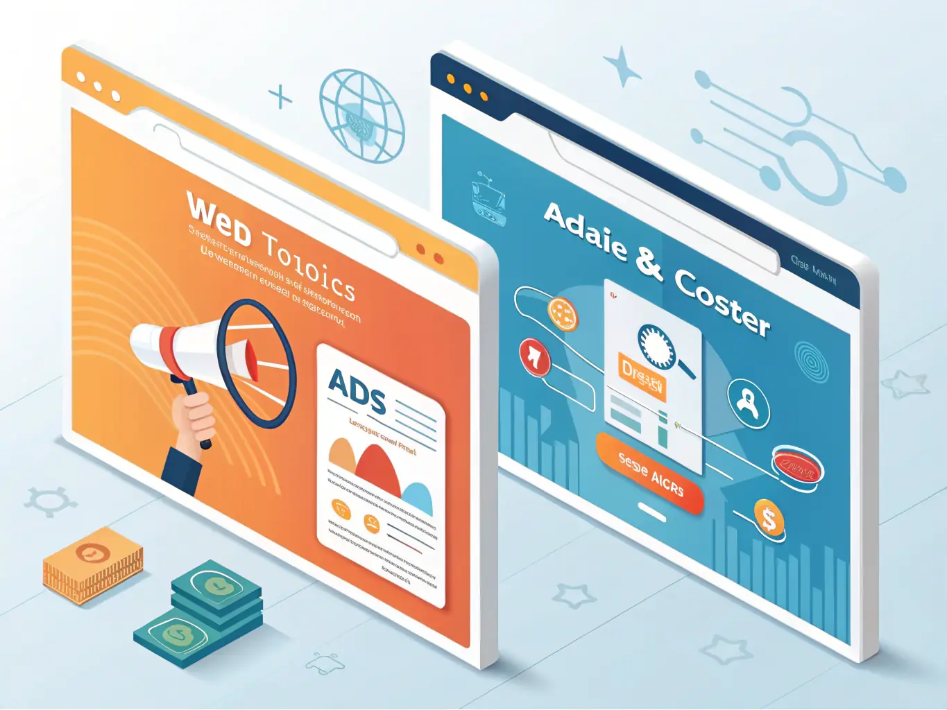 A digital illustration depicting two websites side-by-side, with one website analyzing the other, symbolizing competitor analysis.