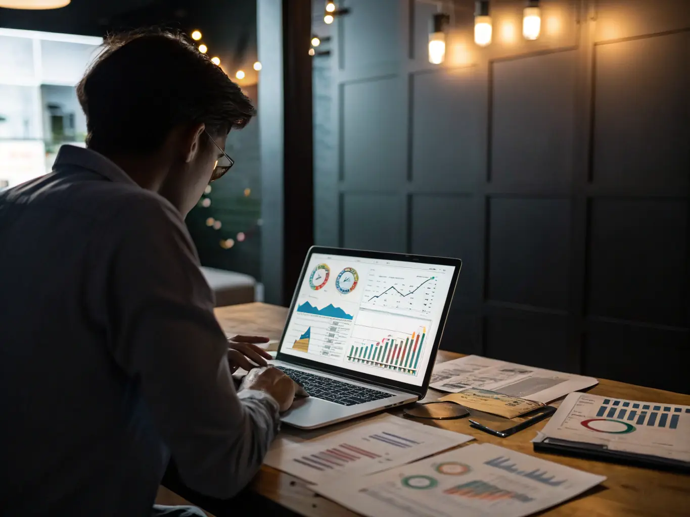 A close-up shot of a person conducting keyword research on a laptop, with various SEO tools and data charts visible on the screen, symbolizing the data-driven approach to content creation.